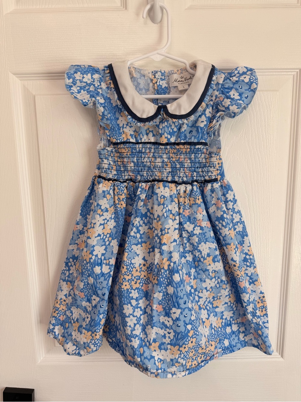 Vtg Girls Marie-Nicole blue floral smocked dress Size L (5T) White Collar Short
